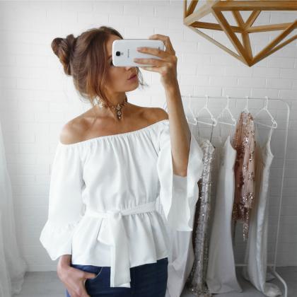 Off-the-shoulder Chiffon Belted Blouse With..