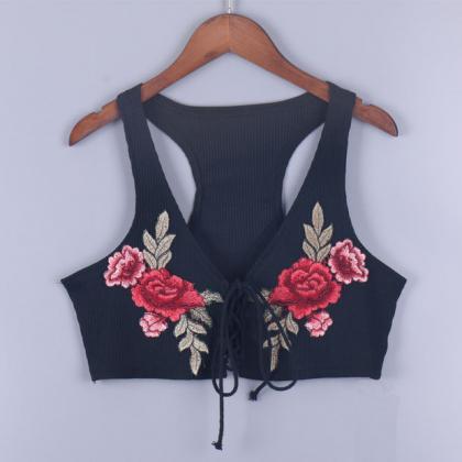 Rose Embroidered Ribbed Knit Lace-U..