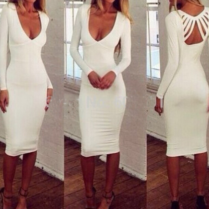 Slim V-neck Long-sleeved White Dress #ad40407ad
