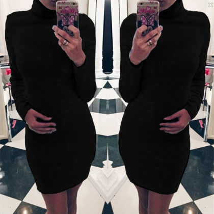 High-necked Long-sleeved Package Hip Dress