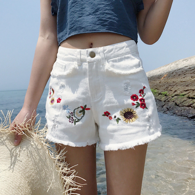 Floral Embroidered High Rise Frayed Hem Distressed Denim Shorts 