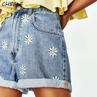 Spring Summer New Daisy Embroidery Bermuda Shorts Women Fashion High Waist Shorts Denim Short Jeans Feminina