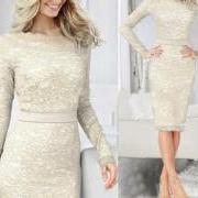 Fashion round neck long-sleeved lace dress #102706AD