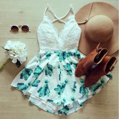Cute Floral Hot Lace Jumpsuit Romper Shorts #AD41404UY