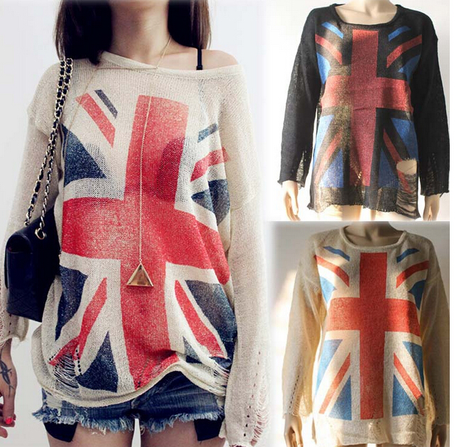 Flag Hole Tore Holes Round Neck Sweater Knit #091002as