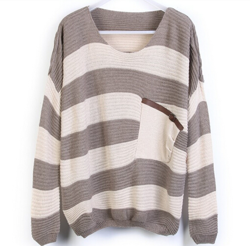 Thick Striped Shirt Bat Loose Pullover Knitted Fake Pocket #092311AD on ...