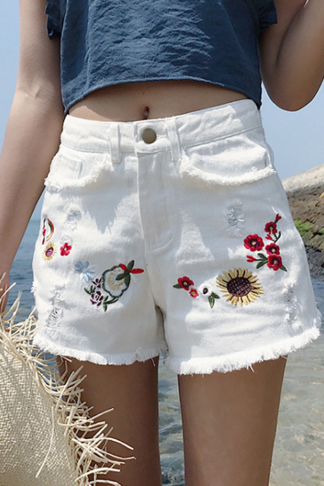 Floral Embroidered High Rise Frayed Hem Distressed Denim Shorts