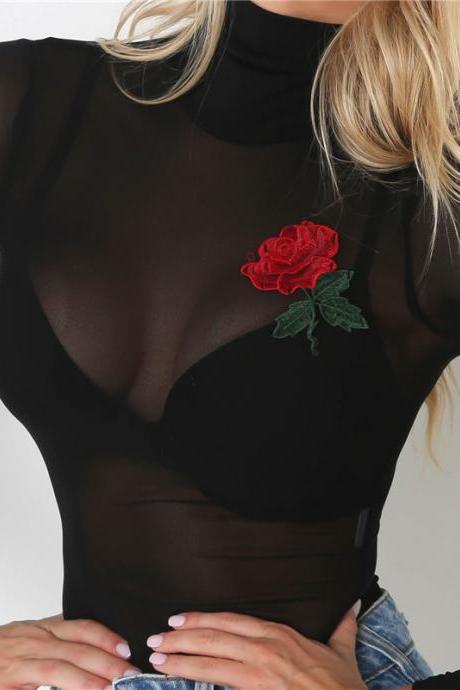 Black Mesh Long Sleeved High Neck Bodysuit Featuring Red Rose Embroidery