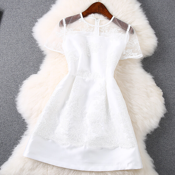 Fashion Net Yarn Stitching Embroidered Short-sleeved Dress #AD41604TR ...